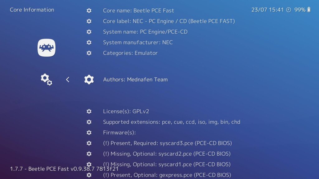 RetroArch TurboGrafx-16 emulator interface on Android
